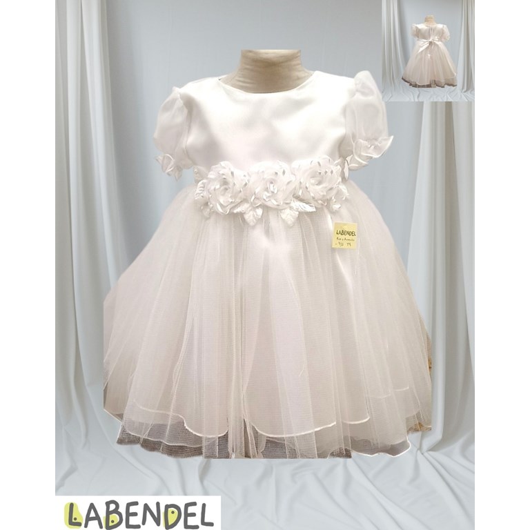 Vestido Bautismo con falta de tull y cinto con tres flores