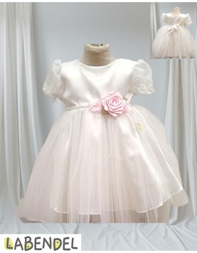 Vestido Bautismo, manga corta polleta de tull y cinto de perlas con tres flores