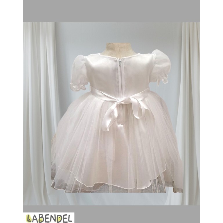 Vestido Bautismo managa corta con cinto ancho con aplique perlas y centro florcitas
