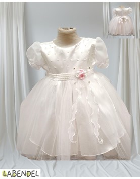 Vestido Bautismo managa corta con cinto ancho con aplique perlas y centro florcitas