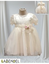 Vestido Bautismo manga corta, falda tull, pechera razo, cinto ancho de perlas