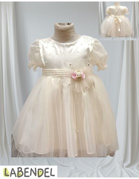 Vestido Bautismo manga corta, falda tull, pechera razo, cinto ancho de perlas