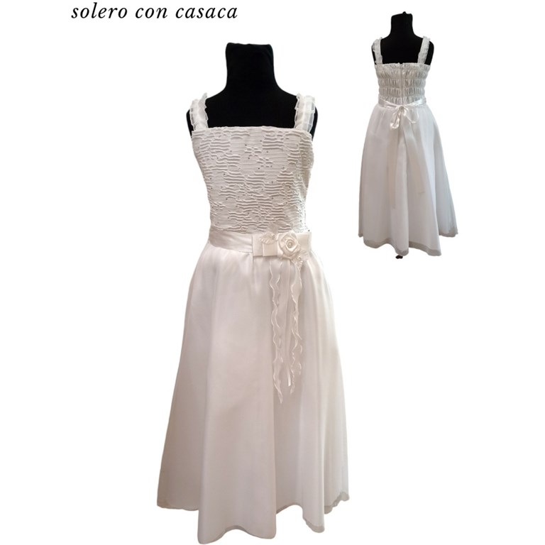 VESTIDO SOLERO CON FRUNCE EN ESPALDA Y CASACA, CINTURON MOÑO CON FLOR