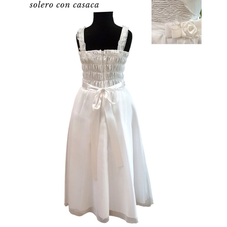 VESTIDO SOLERO CON FRUNCE EN ESPALDA Y CASACA, CINTURON MOÑO CON FLOR