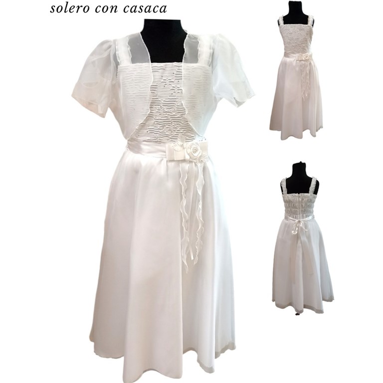 VESTIDO SOLERO CON FRUNCE EN ESPALDA Y CASACA, CINTURON MOÑO CON FLOR