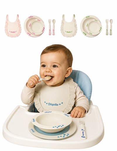KIT MUNDIALISTA DE ALIMENTACIÓN (plato playo y hondo decorados con succión, cubiertos y babero). DISPITA