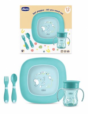 SET ALIMENTACION, PLATO, VASO, CUHARA Y TENEDOR. NENE +12M. CHICCO