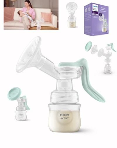 SACALECHE  MANUAL ESENCIAL NATURAL. de silicona. Incluye mamadera con tetina, almohadilla masajeadora y diseño compacto. AVENT