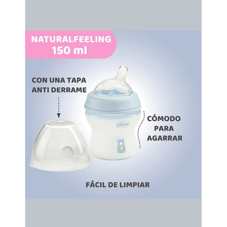 NUEVA MAMADERA NATURAL FEELING CELESTE 150ML 0+ FLUJO LENTO CHICCO