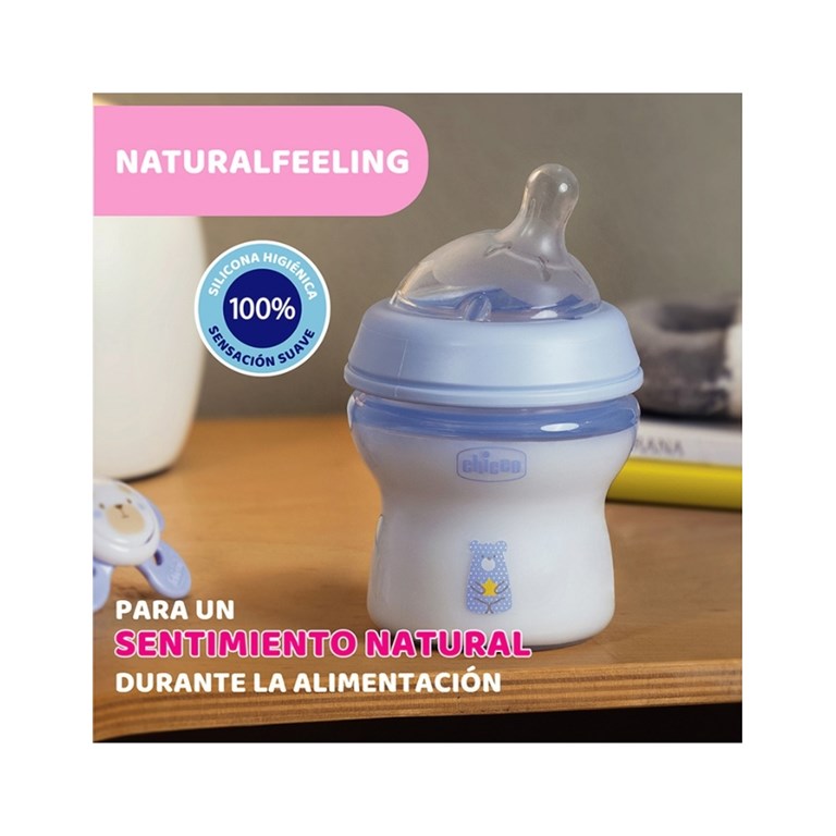 NUEVA MAMADERA NATURAL FEELING CELESTE 150ML 0+ FLUJO LENTO CHICCO