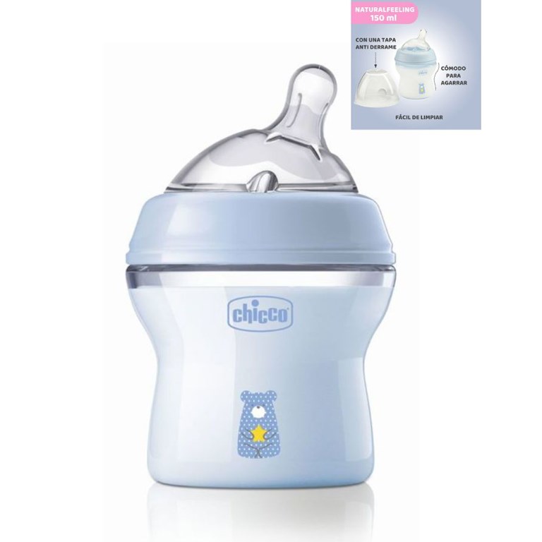 NUEVA MAMADERA NATURAL FEELING CELESTE 150ML 0+ FLUJO LENTO CHICCO