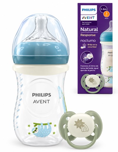SET: MAMADERA NATURAL R 260ml CON ANILLO GLOW IN THE DARK + CHUPETE ULTRA SOFT NOCTURANO 0-6m. AVENT