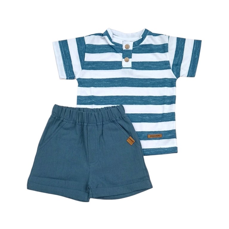 Conjunto de bebe remera rayada con short de tussor.Poninos