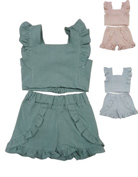 Conjunto de nena con top y short en tusor con volados.Poninos