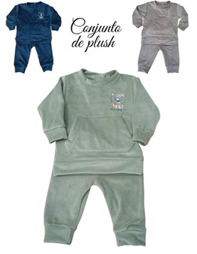 Conjunto Plush elastizado, Bebe con bordado oso. Poninos