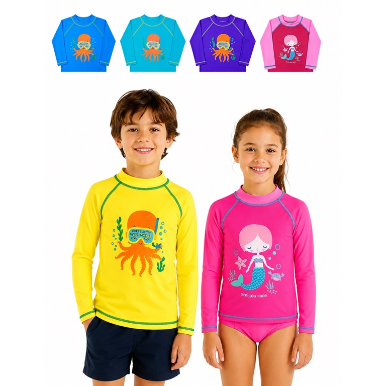 REMERA MANGA LARGA UV+50 EN COLORES DE NENA Y VARON LISA CON ESTAMPA CENTRAL. PETENONE