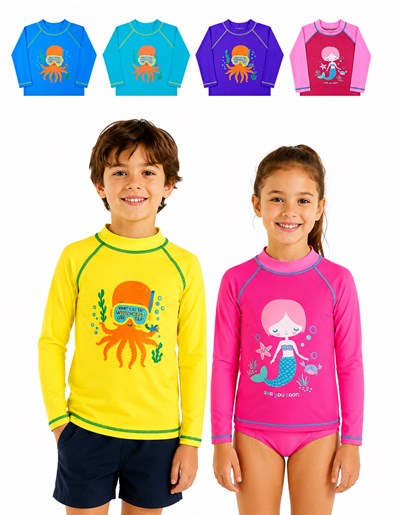 REMERA MANGA LARGA UV+50 EN COLORES DE NENA Y VARON LISA CON ESTAMPA CENTRAL. PETENONE