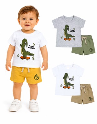 Conjunto: Remera manga corta estampada + short jersey. Big bay