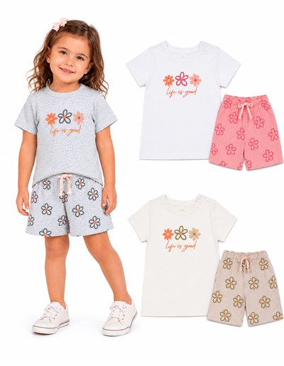 CONJUNTO BEBA REMERA MANGA CORTA + SHORT ESTAMPA FLORES.  BIG BAY