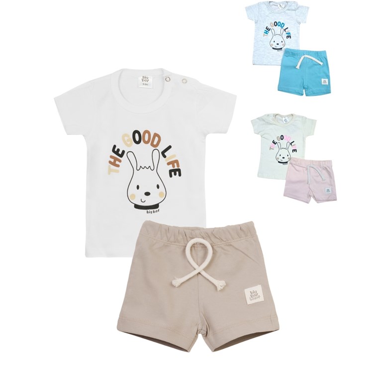 Conjunto: Remera manga corta estampada + short jersey. Big bay