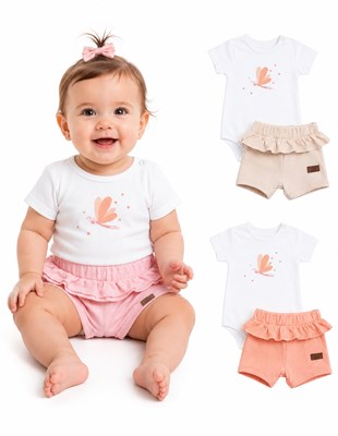 CONJUNTO BODY MANGA CORTA + SHORT CON VOLADO EN CINTURA. BIG BAY