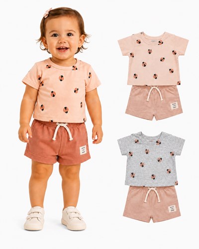 Conjunto: Remera manga corta estampada + short beba. Big bay