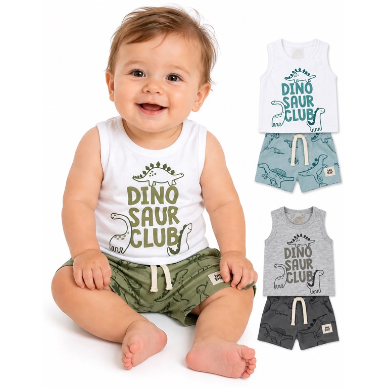 CONJUNTO BEBE MUSCULOSA ALGODON + SHORT RUSTICO ESTAMPA DINOS.  BIG BAY