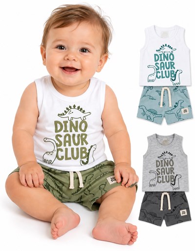 CONJUNTO BEBE MUSCULOSA ALGODON + SHORT RUSTICO ESTAMPA DINOS.  BIG BAY