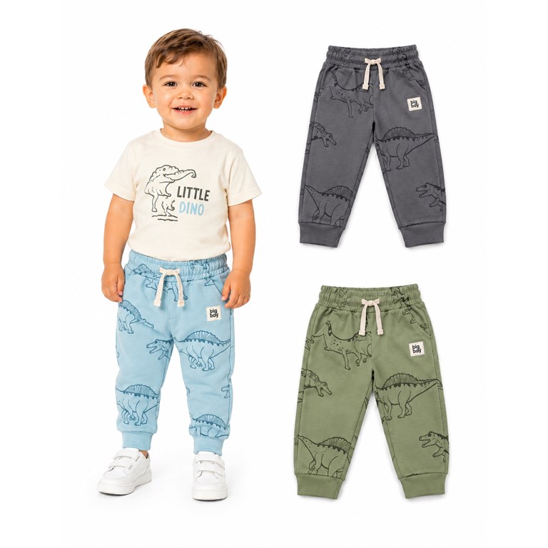 PANTALON BABUCHA RUSTICO PARA BEBE ESTAMPA DINOS. BIG BAY