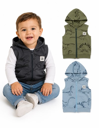CHALECO BEBE RUSTICO CON CAPUCHA  Y CIERRE. ESTAMPA DINOS. BIG BAY