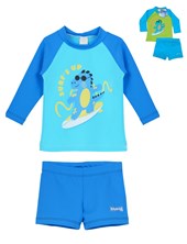 CONJUNTO BEBE UV+50: REMERA MANGA LARGA  + SHORT COMBINADO ESTAMPADO. BIG BAY