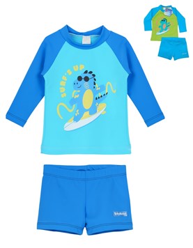 CONJUNTO BEBE UV+50: REMERA MANGA LARGA + SHORT COMBINADO ESTAMPADO. BIG BAY