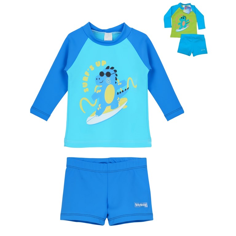 CONJUNTO BEBE UV+50: REMERA MANGA LARGA + SHORT COMBINADO ESTAMPADO. BIG BAY