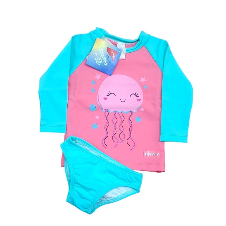 CONJUNTO UV+50 BEBA: REMERA MANGA LARGA + SHORT COMBINADO ESTAMPADO. BIG BAY