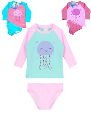 CONJUNTO UV+50 BEBA: REMERA MANGA LARGA  + SHORT COMBINADO ESTAMPADO. BIG BAY