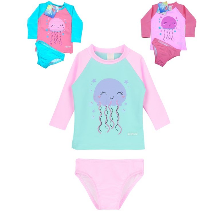 CONJUNTO UV+50 BEBA: REMERA MANGA LARGA + SHORT COMBINADO ESTAMPADO. BIG BAY