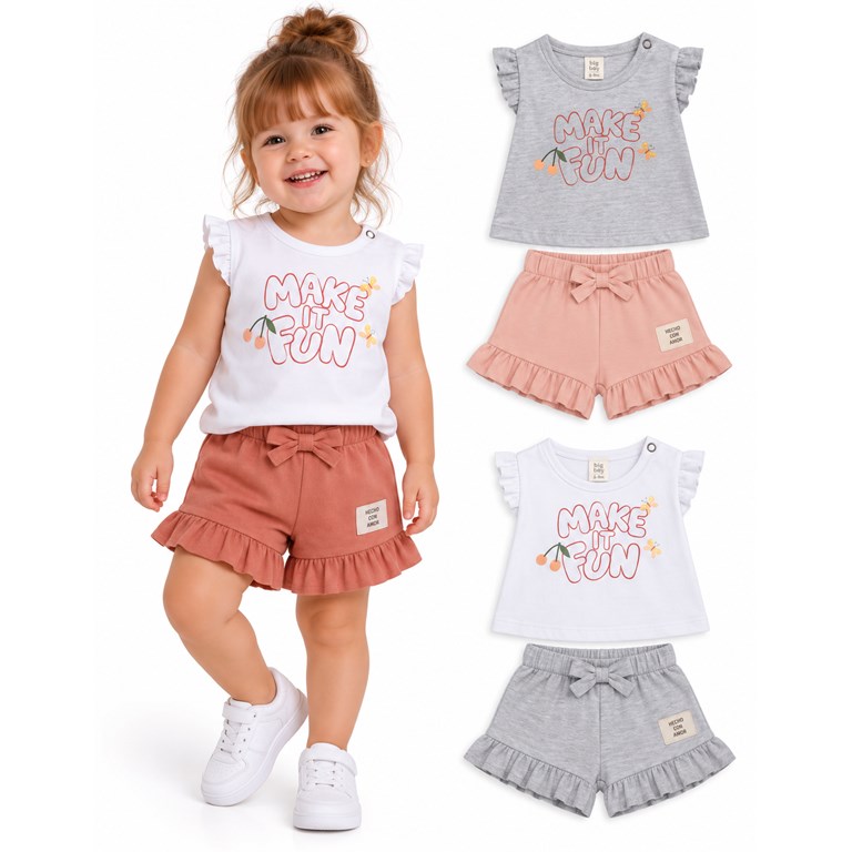 CONJUNTO REMERA CON VOLADO Y ESTAMPA CEMTRAL + SHORT CON VOLADO Y MOÑO. BIG BAY