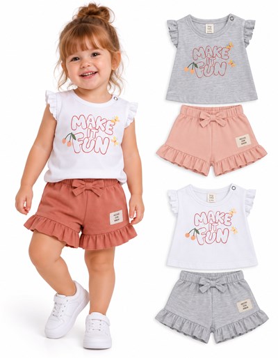 CONJUNTO REMERA CON VOLADO Y ESTAMPA CEMTRAL + SHORT CON VOLADO Y MOÑO. BIG BAY