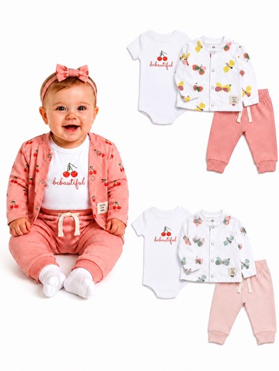 SET 3 PZAS  SAQUITO ESTAMPADO CHERRY, BODY M/C Y PANTALON S/PIE. BIG BAY