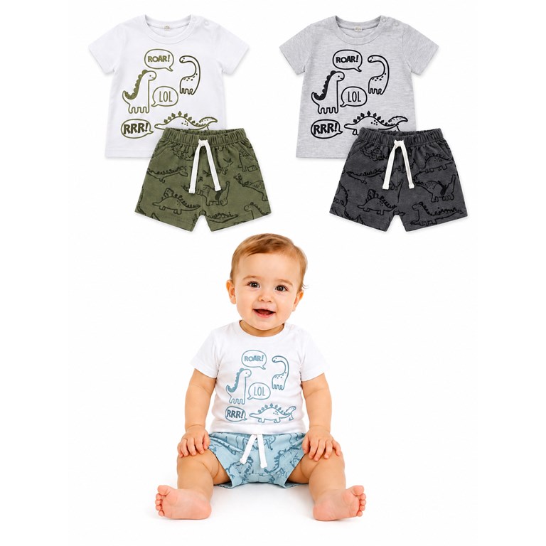 CONJUNTO REMERA MANGA CORTA ALGODON + SHORT RUSTICO DINOS. BIG BAY