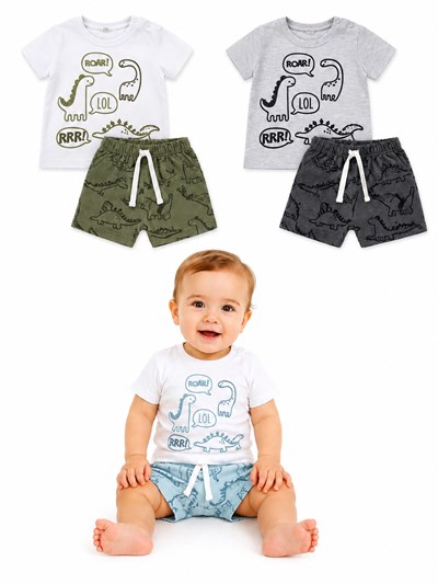 CONJUNTO REMERA MANGA CORTA ALGODON + SHORT RUSTICO DINOS. BIG BAY