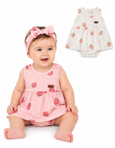 BODY VESTIDO DE BAMBULA ESTAMPA FRUTILLAS, PARA BEBA. BIG BAY