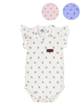 B3065 Body manga corta bambula estampada con volados. Colores: Crudo - Rosa - Lila. Big bay