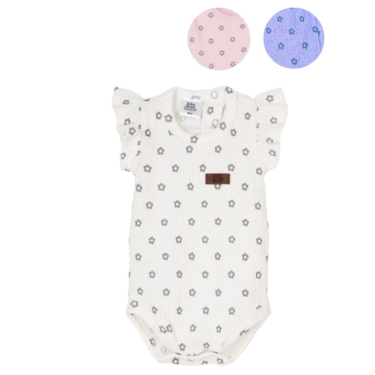 B3065 Body manga corta bambula estampada con volados. Colores: Crudo - Rosa - Lila. Big bay