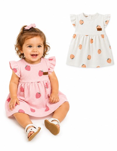 VESTIDO DE BAMBULA ESTAMPA FRUTILLAS PARA BEBA. BIG BAY