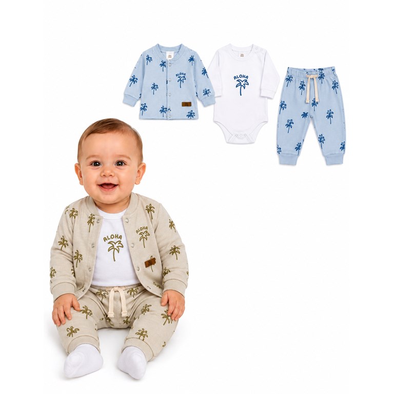 SET 3 PZS SAQUITO  Y PANTALON BAMBULA ESTAMPA PALMERAS + BODY MANGA LARGA. BIG BAY