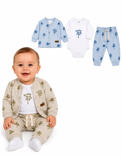 SET 3 PZS SAQUITO  Y PANTALON BAMBULA ESTAMPA PALMERAS + BODY MANGA LARGA. BIG BAY