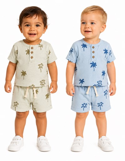 CONJUNTO BAMBULA BEBE. CHOMBA + SHORT  ESTAMPA PALMERAS. BIG BAY