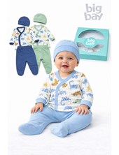 SET 3 PIEZAS BATITA ESTAMPADO DINO +  MEDIO OSITO Y GORRO LISO. BIG BAY