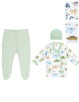 SET 3 PIEZAS BATITA ESTAMPADO DINO +  MEDIO OSITO Y GORRO LISO. BIG BAY